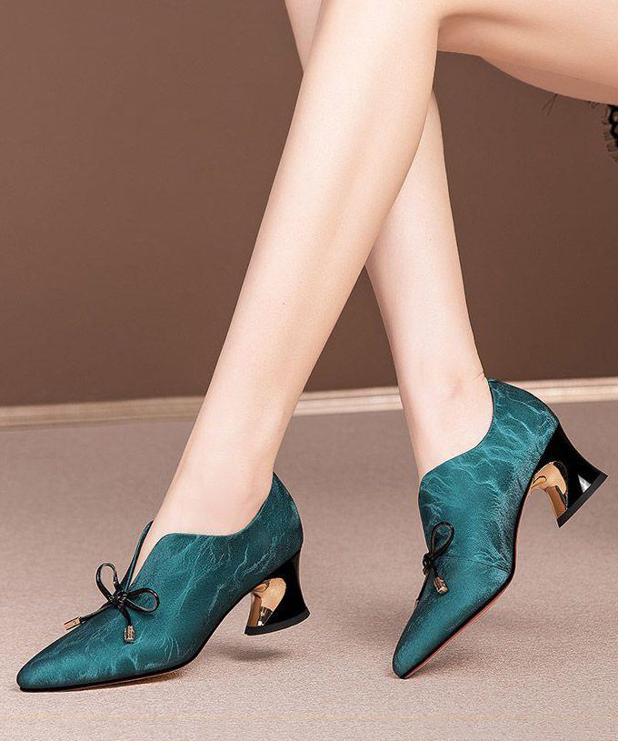 Bow Splicing Pointed Toe Chunky Black Cowhide Leather