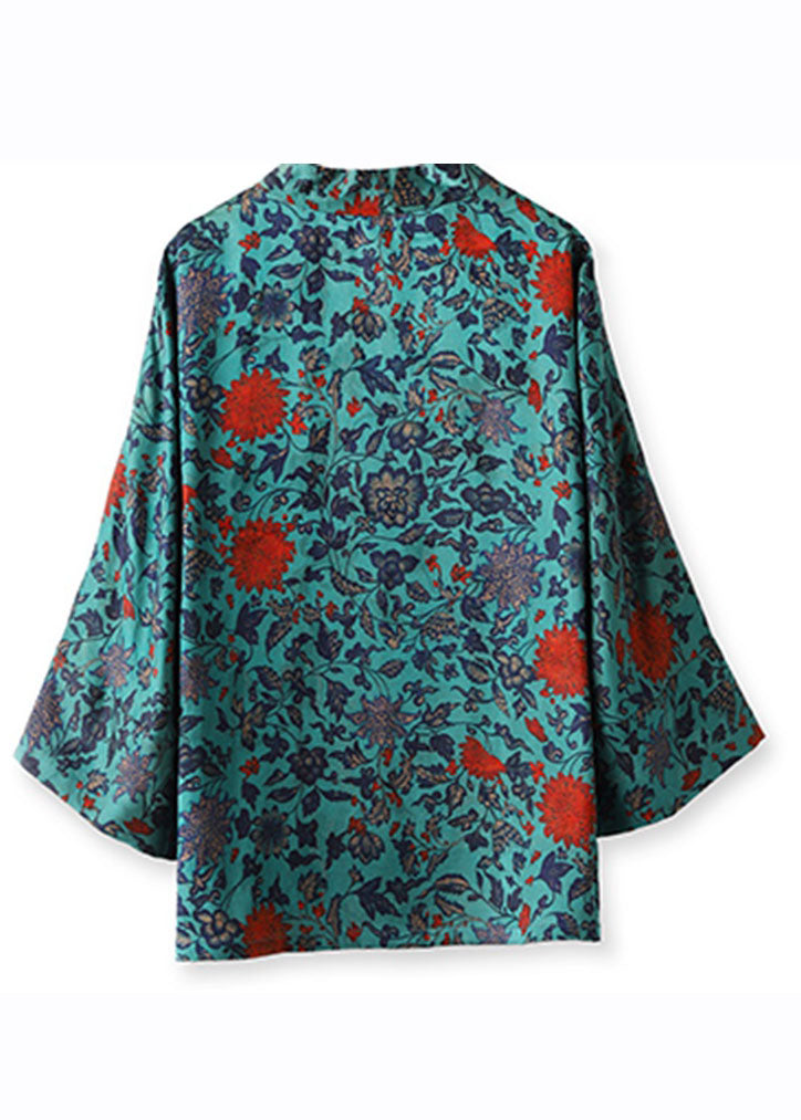 Blue V Neck Print Tie Waist Silk Coats Long Sleeve
