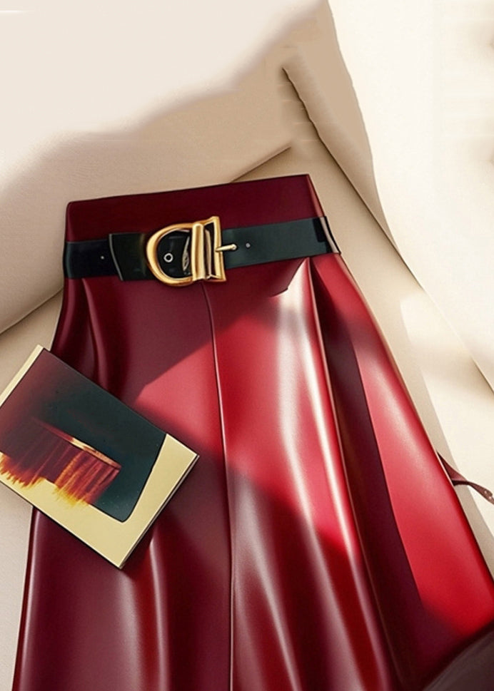 Stylish Red Sashes High Waist Faux Leather Skirts Spring
