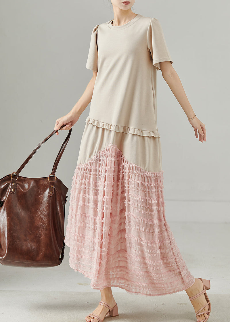 Apricot Ruffled Patchwork Cotton Maxi Dress Summer