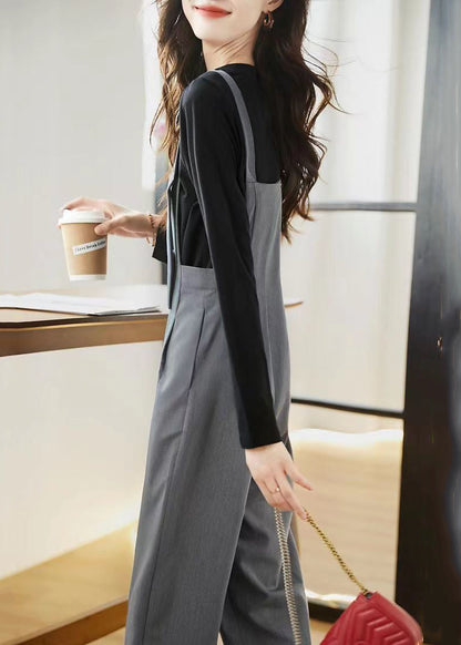 Grey Pockets High Waist Patchwork Cotton Jumpsuits Fall