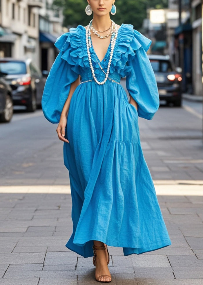 Royal Blue Ruffled Cotton Robe Dresses Fall