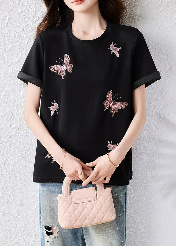 Handmade Black Butterfly Nail Bead Cotton T Shirt Summer