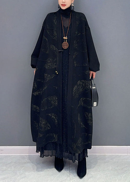 Black V Neck Print Button Maxi Coat Fall