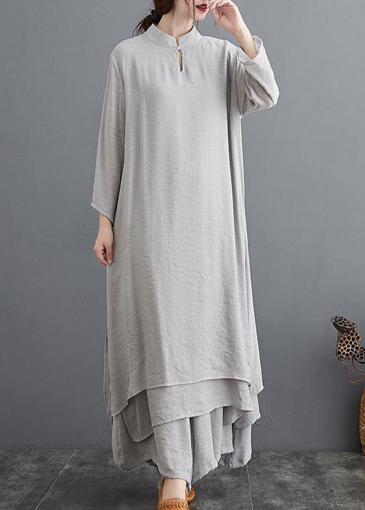 Spring Gray Medium Length Dress Wide Leg Pants Two Piece Set