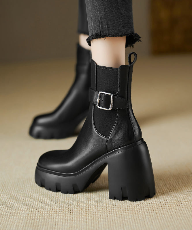 Zippered Splicing Chunky Heel Boots Black Cowhide Leather