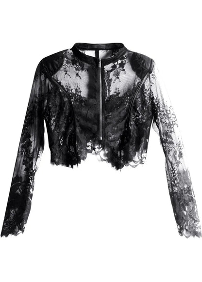 Black Zippered Tulle Summer Shirt Tops Long Sleeve