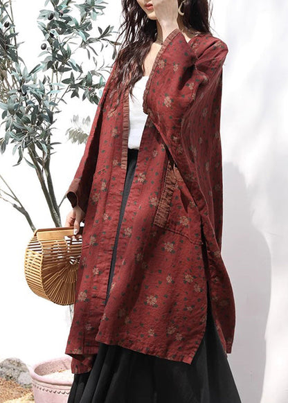 Red V Neck Print Pockets Linen Cardigans Fall