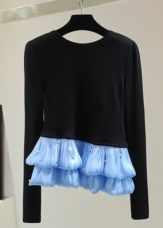 Black Chiffon Patchwork Nail Bead Cotton Knit Top Winter