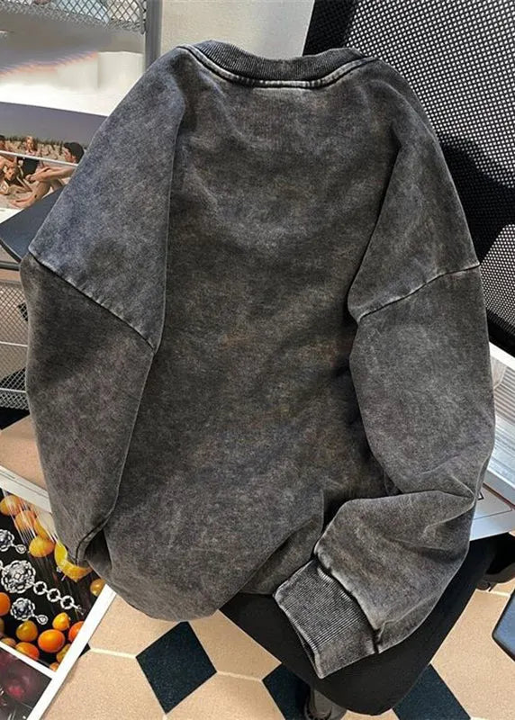 Dark Grey O-neck Rose Print Warm Fleece Pullover Long Sleeve