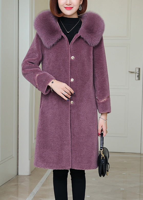 Purple Fox Collar Button Warm Fleece Woolen Coats Winter