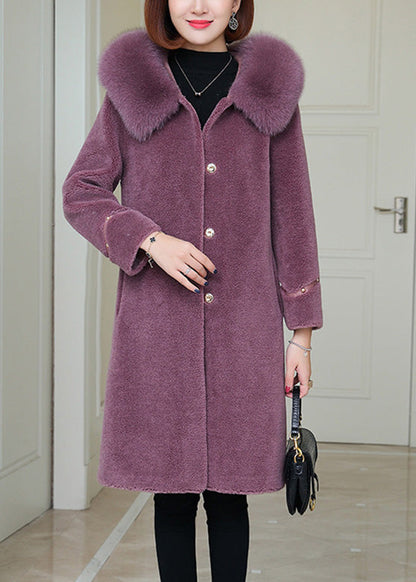 Purple Fox Collar Button Warm Fleece Woolen Coats Winter