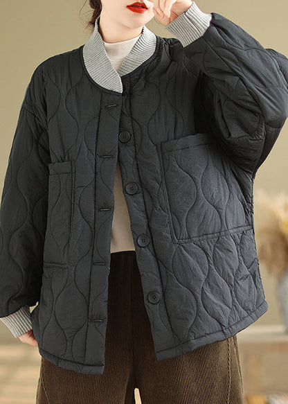 Black Pockets Button Fine Cotton Filled Jacket Winter