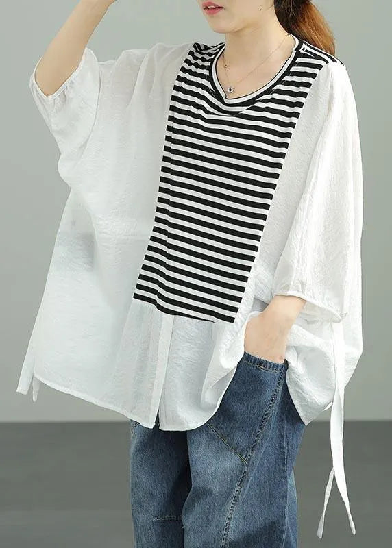Diy White Patchwork Striped Tie Waist Cotton Summer Top