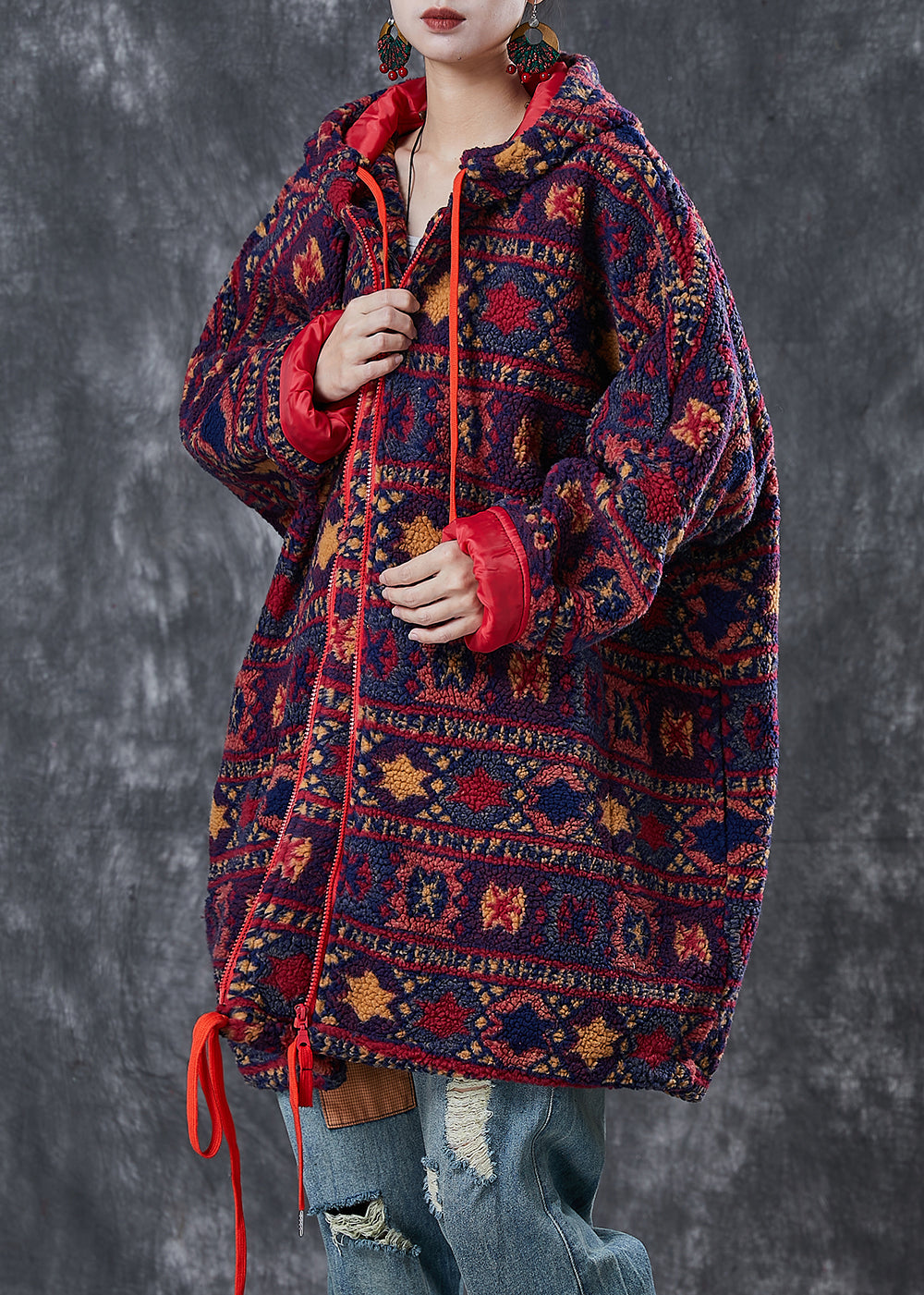 Purple Print Faux Fur Jacket Oversized Drawstring Winter
