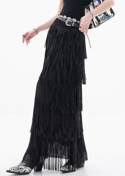 Fine Black Tasseled Elastic Waist Cotton Skirts Summer