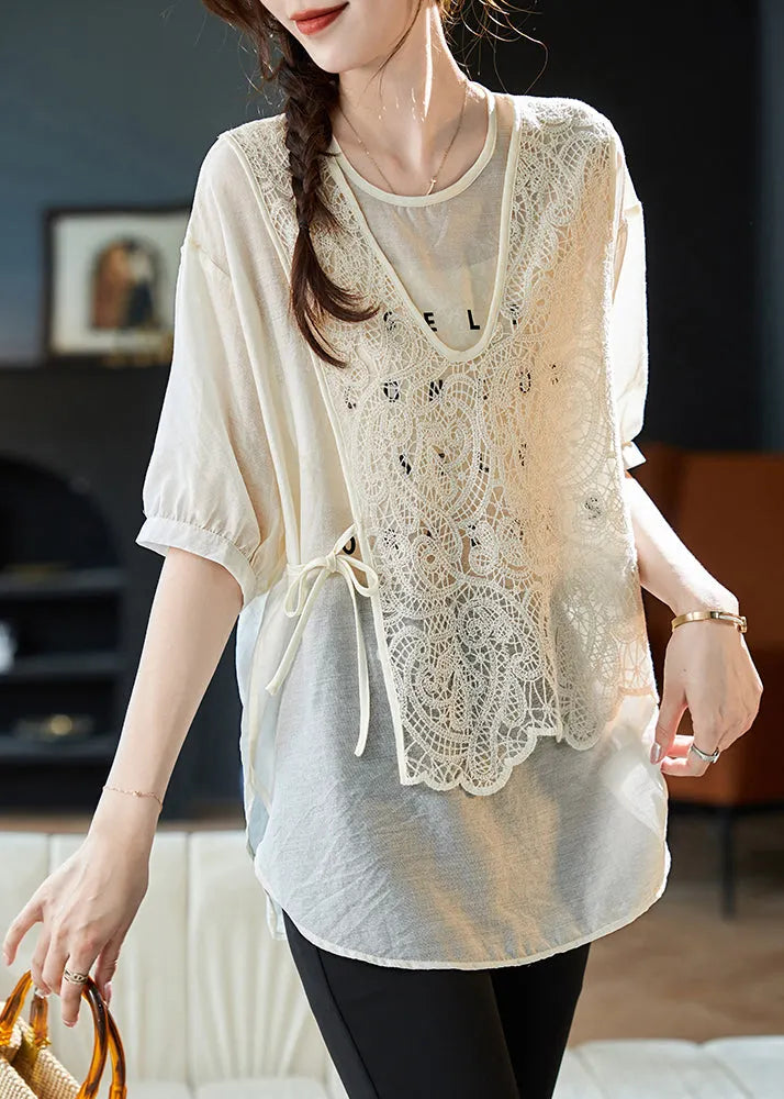 Beige O Neck Lace Patchwork False Two Pieces Chiffon Top Summer