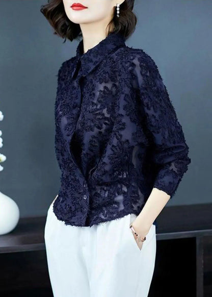 Navy Patchwork Lace Shirt Top Peter Pan Collar Button Long Sleeve