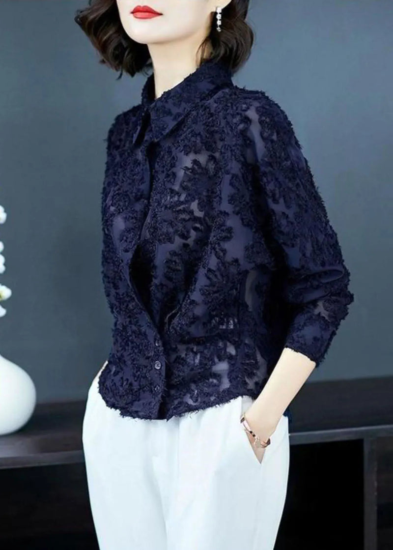 Navy Patchwork Lace Shirt Top Peter Pan Collar Button Long Sleeve