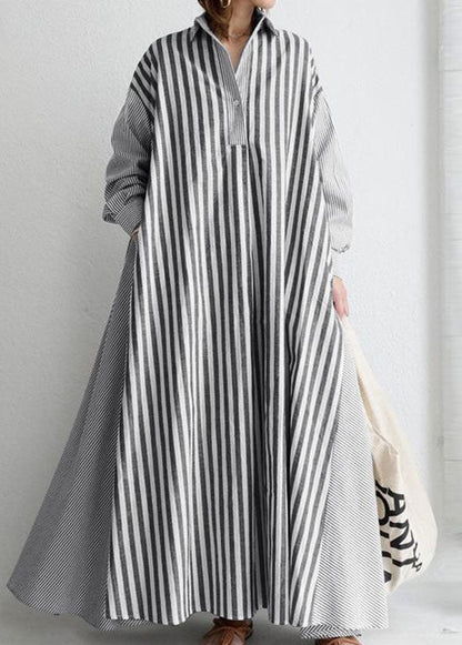 European and American Style Black Peter Pan Collar Striped Cotton Shirts Dress Spring