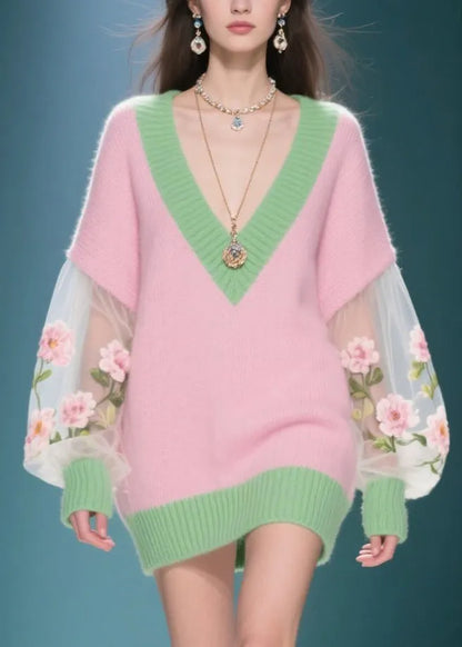 Pink V Neck Patchwork Tulle Sweater Dress Winter