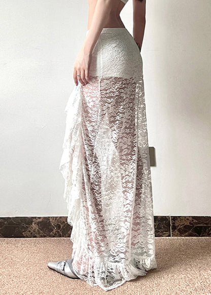 White Side Open Hollow Out Lace Wraped Skirts Spring