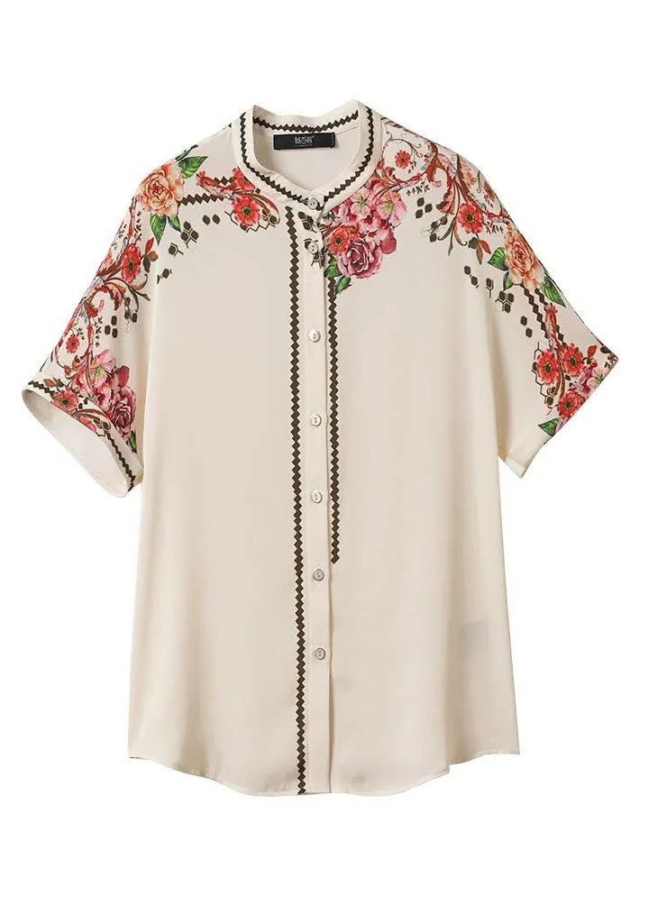 Apricot Stand Collar Print Patchwork Silk Top Summer