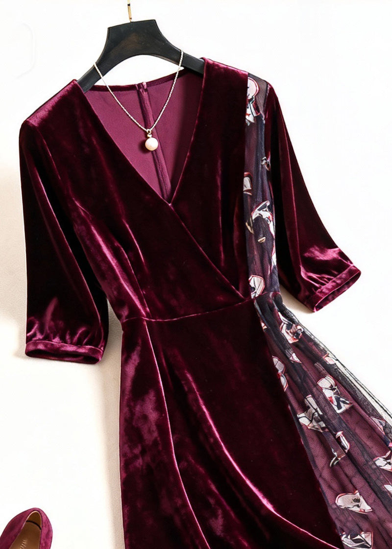 Wine Red Print Tulle Patchwork Silk Velvet Dress Summer