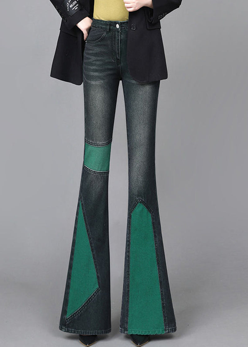Green Asymmetrical Patchwork Denim Flare Bottoms Spring