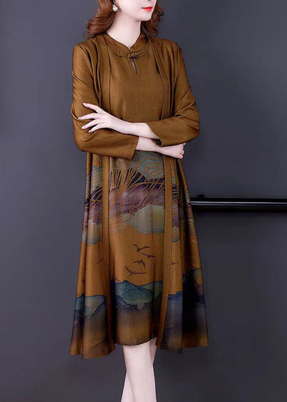 Italian Yellow Stand Collar Print Silk Trench Coats and Dress Two Piece Set Long Sleeve