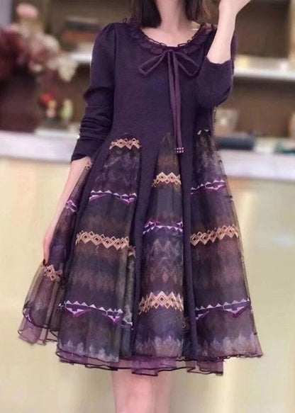 Classy Orange Knit Patchwork Tulle Embroideried Fall Long Sleeve Dress