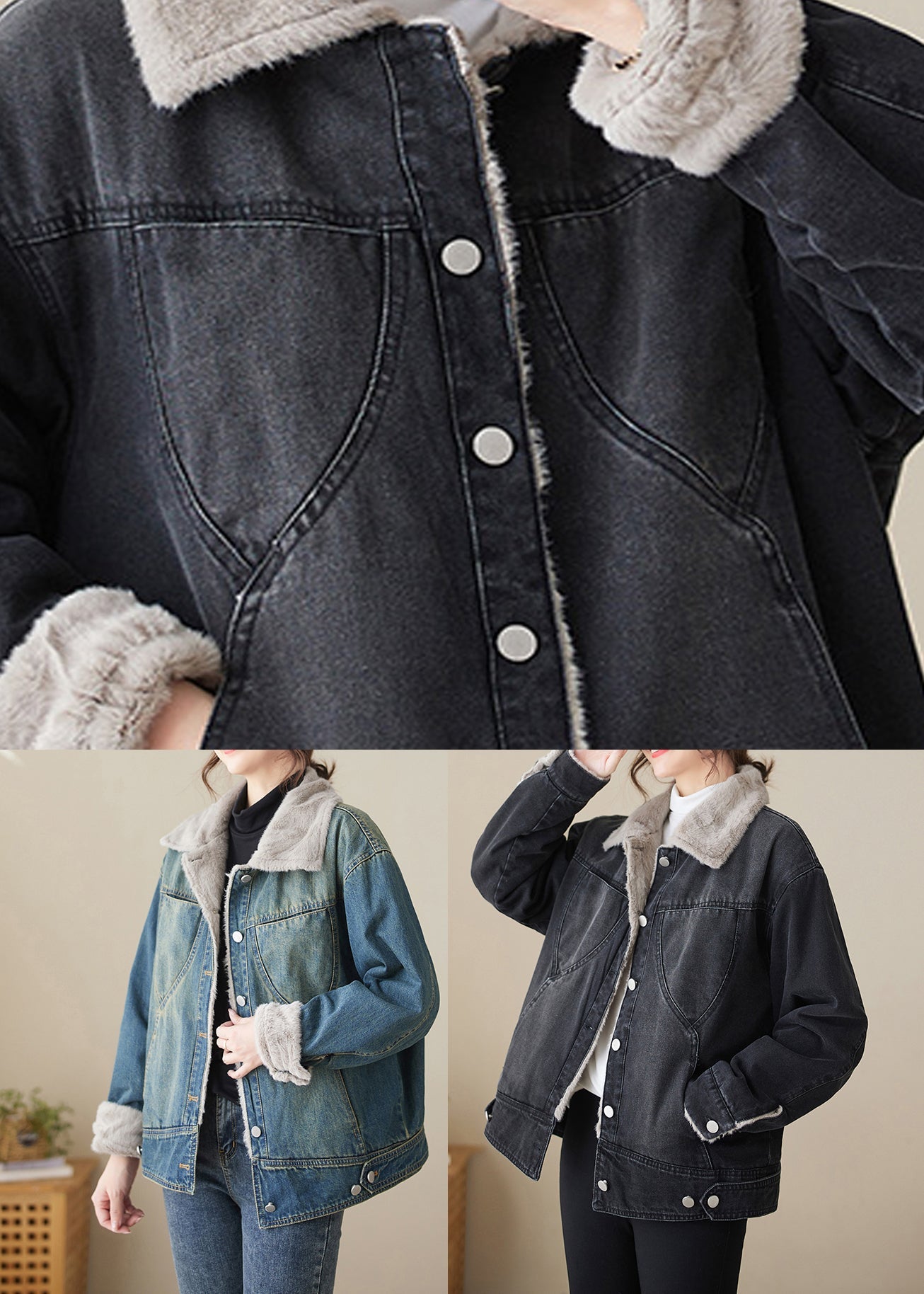Black Pockets Patchwork Warm Fleece Denim Jackets Peter Pan Collar Winter