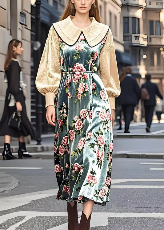 Beige Peter Pan Collar Patchwork Silk Velour Dresses Spring