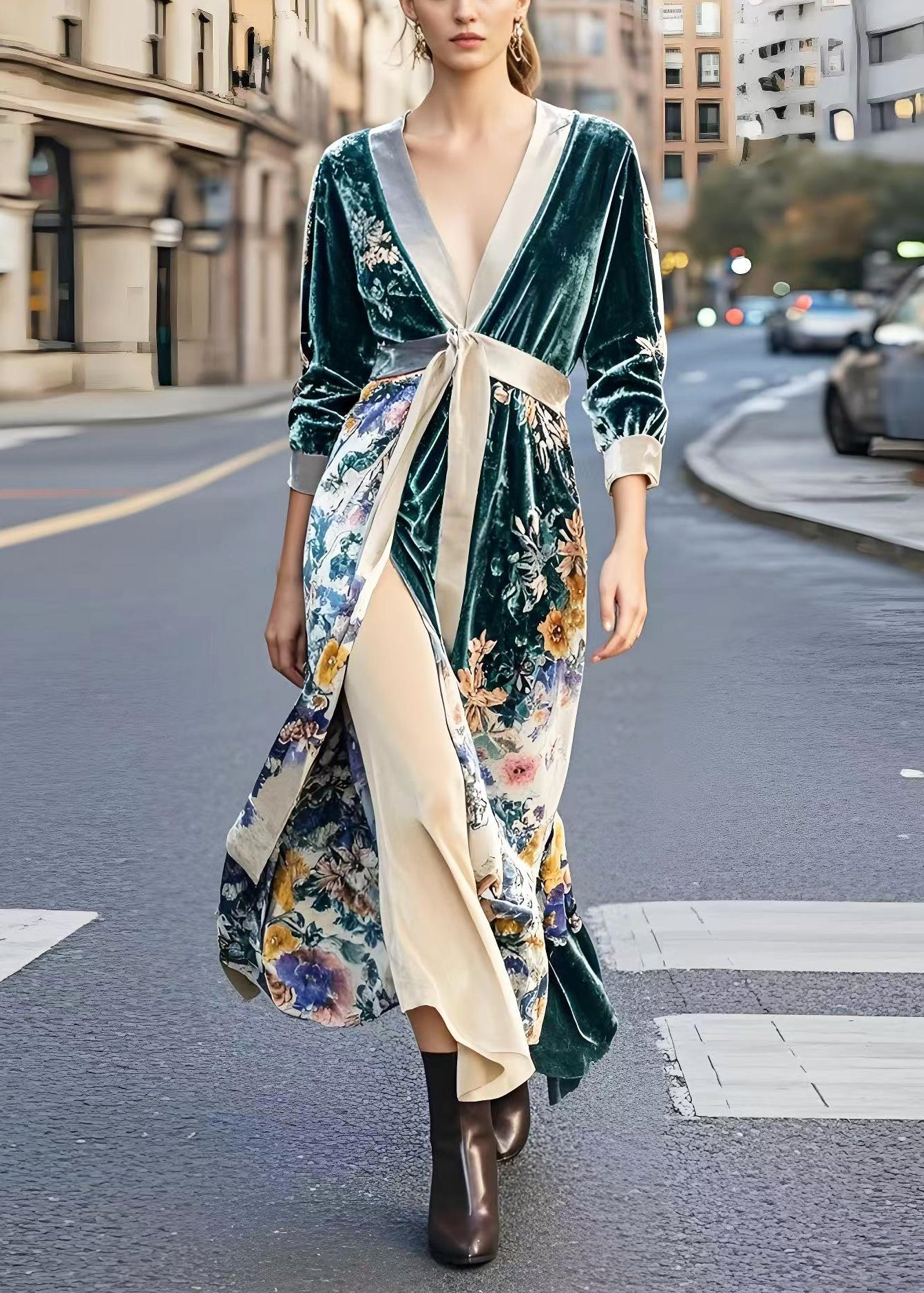 Peacock Green Cinched Print Side Open Silk Velour Dresses Spring