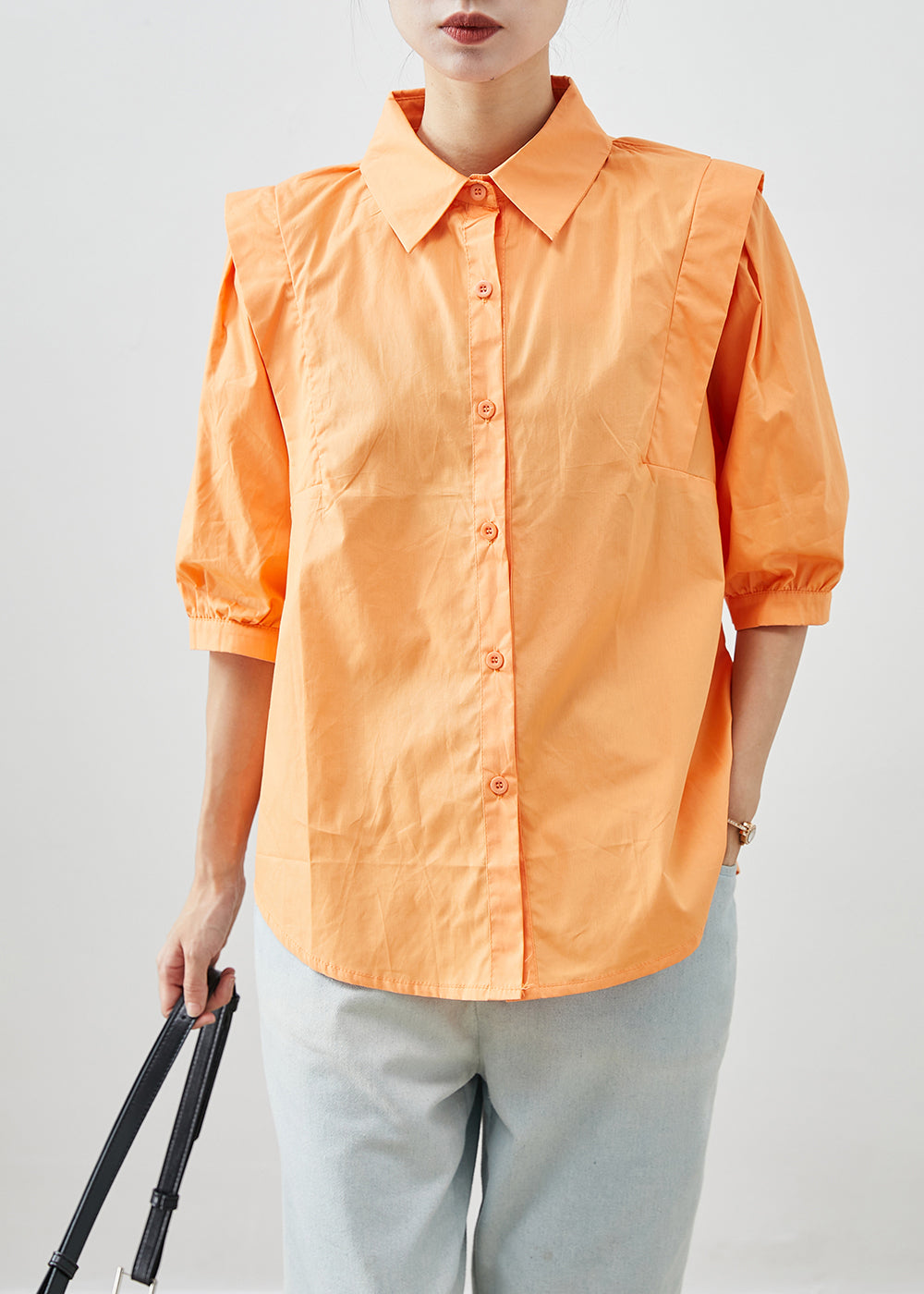 Orange Peter Pan Collar Patchwork Cotton Shirts Half Sleeve