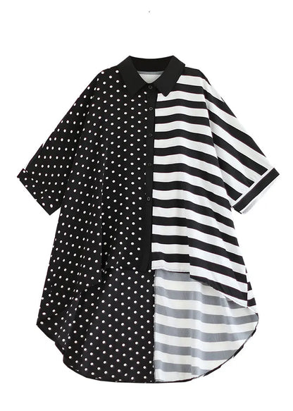 Colorblock Peter Pan Collar Low High Design Cotton Shirt Tops Summer