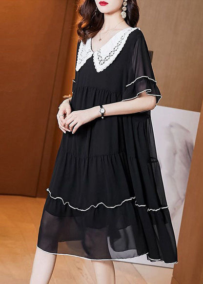 Black Peter Pan Collar Patchwork Chiffon Maxi Dresses Summer