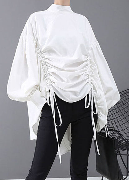 Italian White Drawstring Stand Collar Tops Puff Sleeve