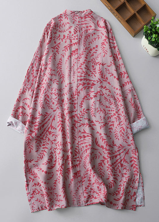 Pink Oversized Print Linen Oriental Dresss Spring