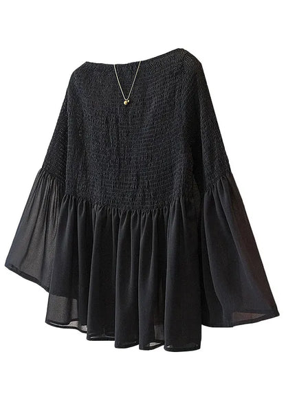 Pink Wrinkled Chiffon Blouse Tops Flare Sleeve Fall