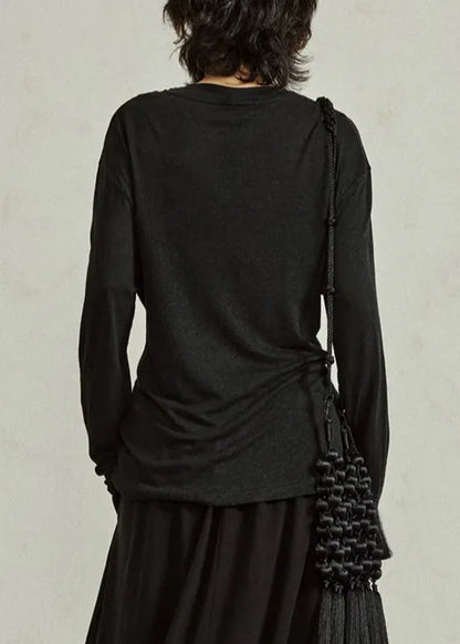 Black O-neck Tie Waist Tops Fall