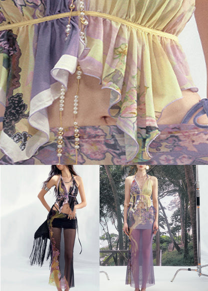 Purple Backless Tank and Skirts Tulle Two-piece Set V Neck Summer