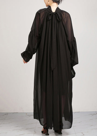 Black Turtleneck Chiffon Maxi Dresses Lantern Sleeve Fall