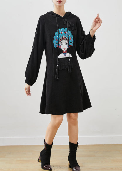 Black Embroideried Chinese Button Corduroy Dress Spring