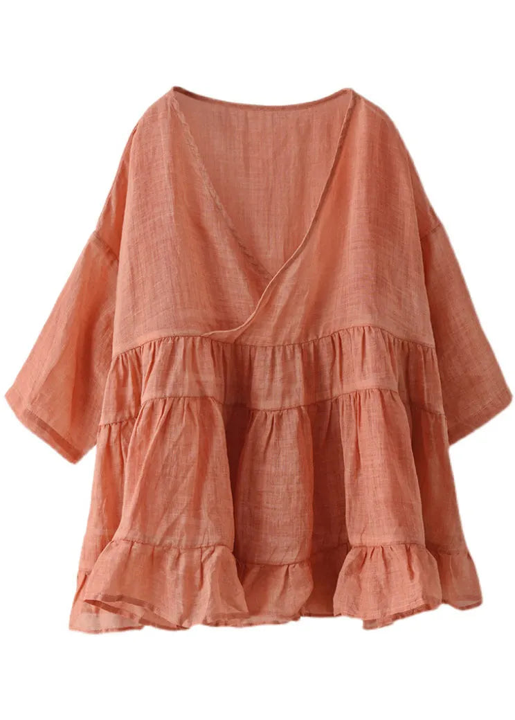 Orange Loose Linen Shirt Tops Half Sleeve