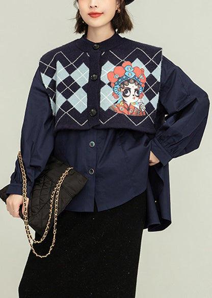 Blue Stand Collar Print Cotton Shirt and Waistcoat Two Piece Set Spring
