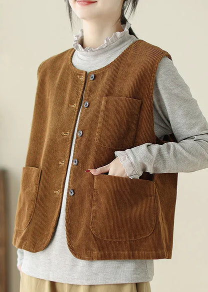 Caramel O Neck Pockets Corduroy Vest Sleeveless