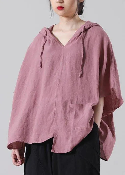 Modern Pink Batwing Sleeve Cotton Linen Summer Top