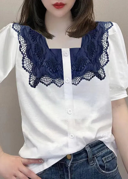 White Square Collar Lace Patchwork Button Shirt Short Sleeve