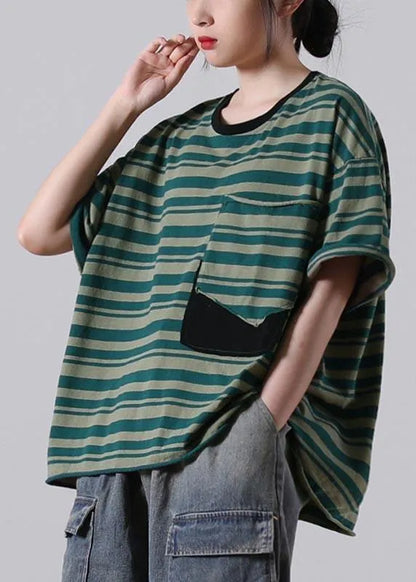 Stylish Red Striped O-neck Cotton Summer Tops